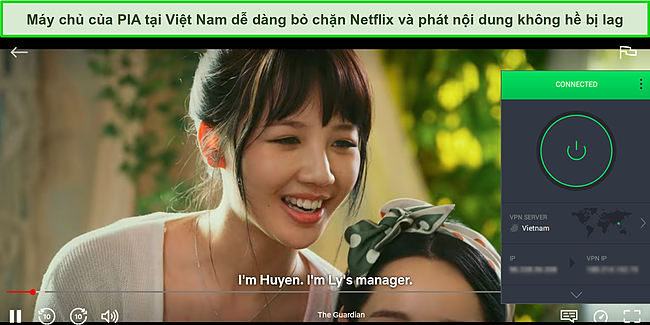 Ảnh chụp m&agrave;n h&igrave;nh The Guardian ph&aacute;t trực tuyến tr&ecirc;n Netflix trong khi PIA được kết nối với m&aacute;y chủ tại Việt Nam.