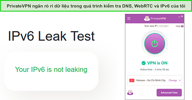 Ảnh chụp m&agrave;n h&igrave;nh kiểm tra r&ograve; rỉ IPv6 th&agrave;nh c&ocirc;ng trong khi PrivateVPN được kết nối với m&aacute;y chủ ở Argentina.