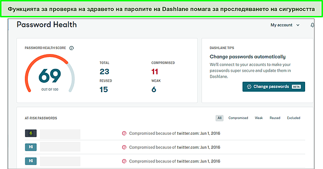 Функцията за изправност на паролите на Dashlane в действие.