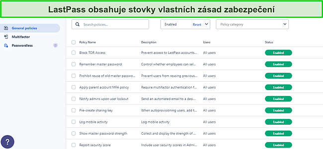 Sn&iacute;mek obrazovky hlavn&iacute;ho panelu obecn&yacute;ch z&aacute;sad LastPass.
