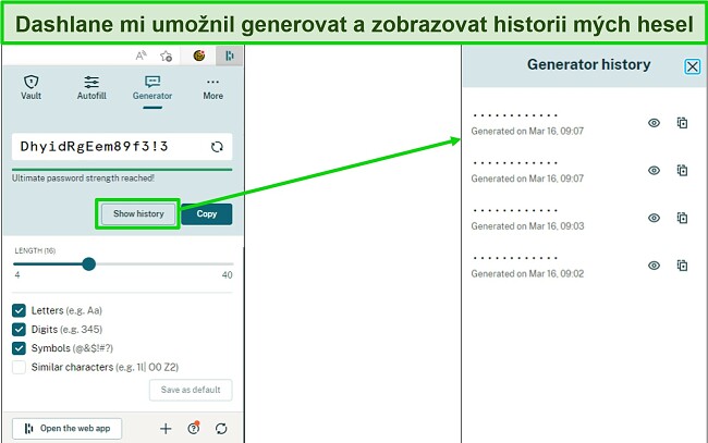 Sn&iacute;mek obrazovky gener&aacute;toru hesel Dashlane