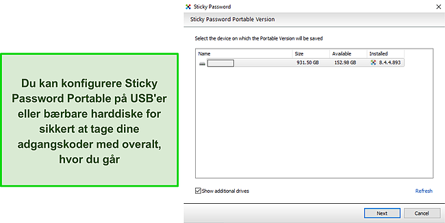 Sk&aelig;rmbillede af Sticky Password Portable USB-drev.