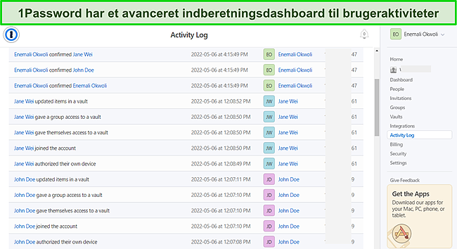 Sk&aelig;rmbillede af 1Password's for Business aktivitetslog.