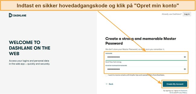Indtast en sikker hovedadgangskode og klik p&aring; 'Opret min konto'