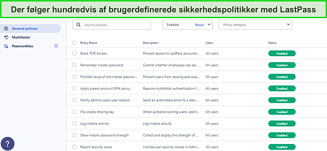 Sk&aelig;rmbillede af LastPass General Policies dashboard.