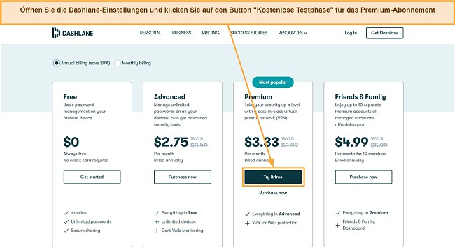 Ein Screenshot zeigt die Dashlane-Einstellungen mit dem Button "Kostenlose Testphase" hervorgehoben