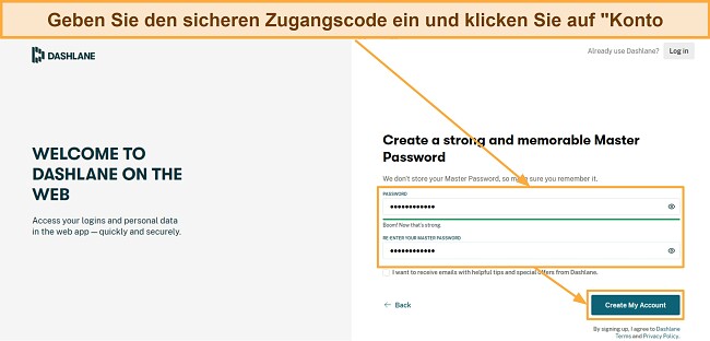 Geben Sie den sicheren Zugangscode ein und klicken Sie auf 'Konto erstellen'