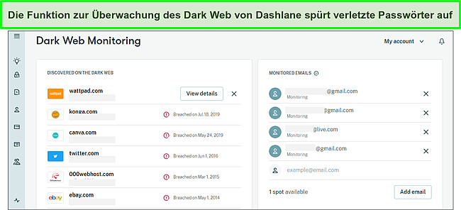 Verwendung von Dashlane&rsquo;s Dark Web Monitoring, um gebrochene Passw&ouml;rter zu verfolgen.