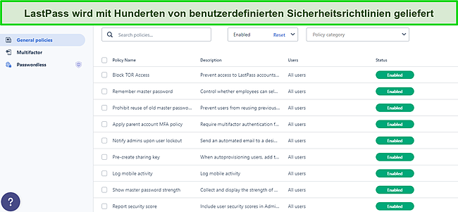 Screenshot des Dashboards &bdquo;Allgemeine Richtlinien&ldquo; von LastPass.