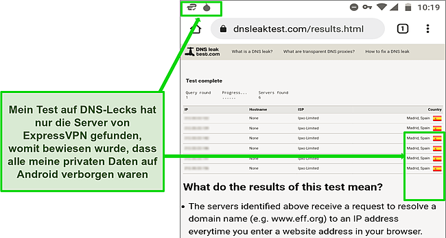Screenshot eines erfolgreichen DNS-Tests auf Android, w&auml;hrend ExpressVPN mit einem Server in Madrid verbunden ist.