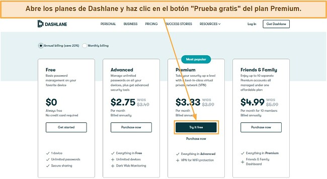 Captura de pantalla de Dashlane. Bot&oacute;n 'Prueba gratis' en plan Premium destacado