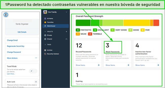 1Password Watchtower, un destacado gestor de contrase&ntilde;as familiar, detectando claves d&eacute;biles