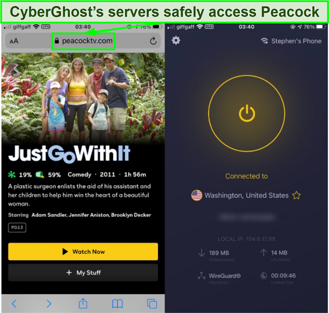 Screenshot of CyberGhost unblocking Just Go With It on Peacock