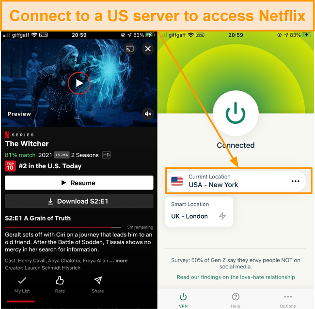 Screenshot of The Witcher on an iPhone 6 using ExpressVPN