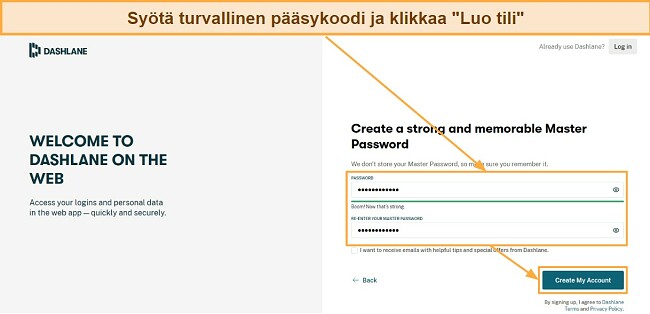 Sy&ouml;t&auml; turvallinen p&auml;&auml;sykoodi ja klikkaa 'Luo tili'