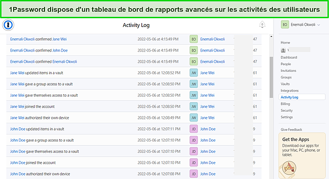 Capture d'&eacute;cran du journal d'activit&eacute; de 1Password for Business.