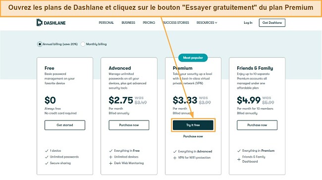 Capture d'&eacute;cran de Dashlane, bouton 'Essayer gratuitement' du plan Premium mis en &eacute;vidence