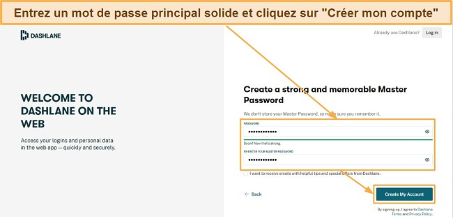 Un champ demandant &agrave; l'utilisateur d'entrer un mot de passe fort, suivi d'un bouton intitul&eacute; 'Cr&eacute;er mon compte'