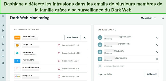 Capture d'&eacute;cran Dashlane : gestion famille + dark web