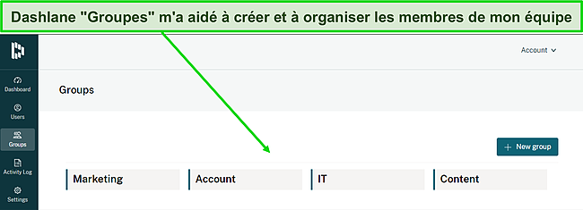Capture d'&eacute;cran du tableau de bord des groupes Dashlane.