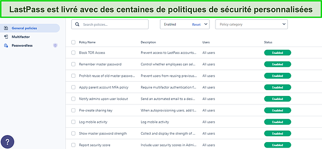 Capture d'&eacute;cran du tableau de bord des politiques g&eacute;n&eacute;rales de LastPass.