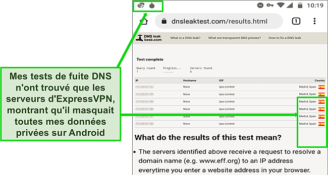 Capture d'&eacute;cran d'un test DNS r&eacute;ussi sur Android pendant qu'ExpressVPN est connect&eacute; &agrave; un serveur &agrave; Madrid.