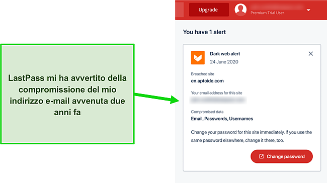 Screenshot dell'avviso di dark web di LastPass.