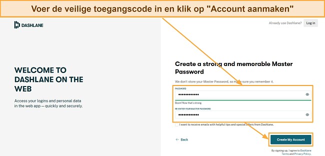 Voer de veilige toegangscode in en klik op "Account aanmaken"