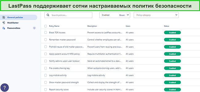 Скриншот панели инструментов &laquo;Общие политики LastPass&raquo;.