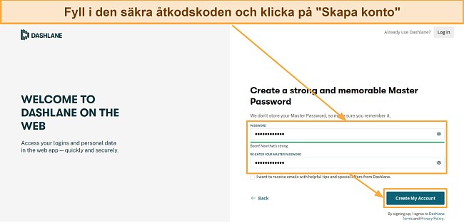 En bild som visar en inloggningsmask med texten 'Fyll i den s&auml;kra &aring;tkodskoden och klicka p&aring; Skapa konto'