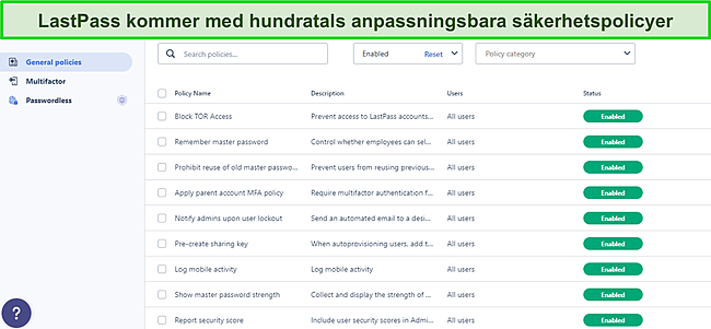 Sk&auml;rmdump av LastPass General Policies instrumentpanel.