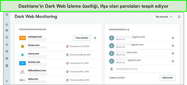 İhlal edilen parolaları izlemek i&ccedil;in Dashlane'in Dark Web Monitoring'i kullanma.