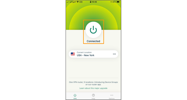 Screenshot of tap to connect button on the ExpressVPN iOS app