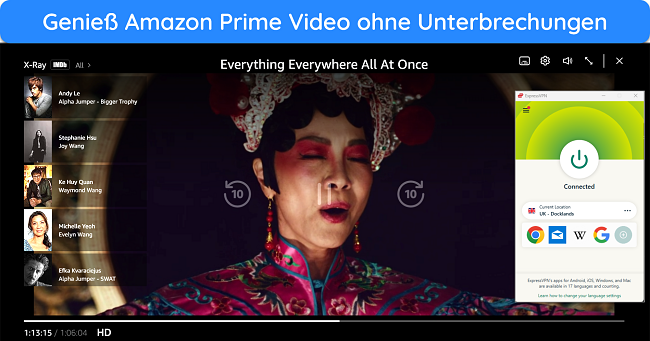 Bild von Amazon Prime Video, das &bdquo;Everything Everywhere All At Once&ldquo; mit ExpressVPN streamt und mit einem britischen Server verbunden ist.