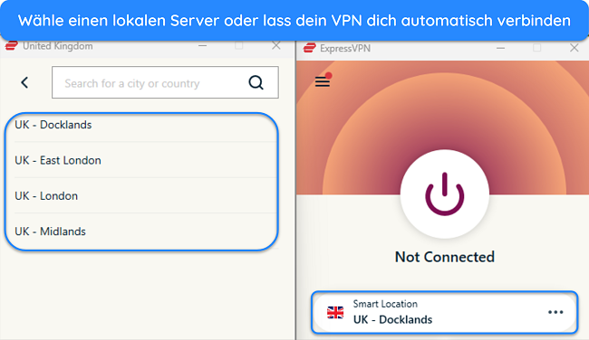 Bild der Windows-App von ExpressVPN, das die Serverauswahl in Gro&szlig;britannien zeigt und die Verbindungsoption &bdquo;Smart Location&ldquo; hervorhebt.