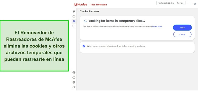 Rese&ntilde;a del antivirus McAfee destacando su herramienta de eliminaci&oacute;n de rastreadores