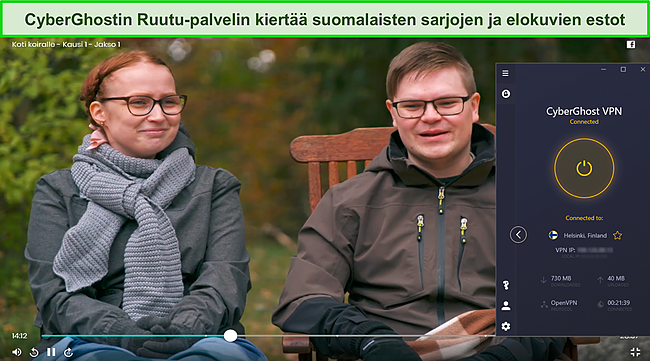 Kuvakaappaus ohjelmasta, joka suoratoistaa Ruutussa CyberGhostin ollessa yhteydess&auml; palvelimeen Suomessa.