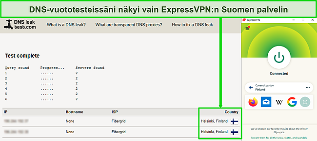 Kuvakaappaus onnistuneesta DNS-vuototestist&auml;, kun ExpressVPN on yhdistetty palvelimeen Suomessa.
