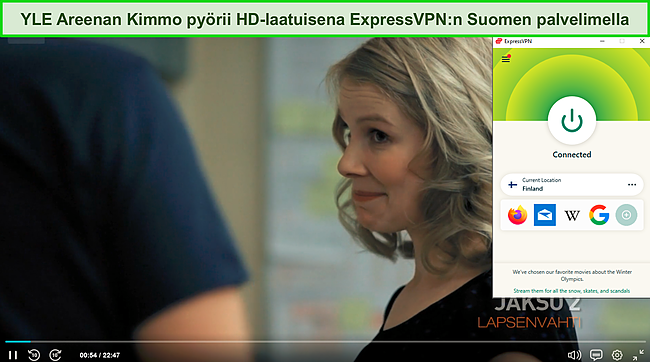 Kuvakaappaus jaksosta Kimmon suoratoistosta YLEss&auml;, kun ExpressVPN on yhteydess&auml; palvelimeen Suomessa.