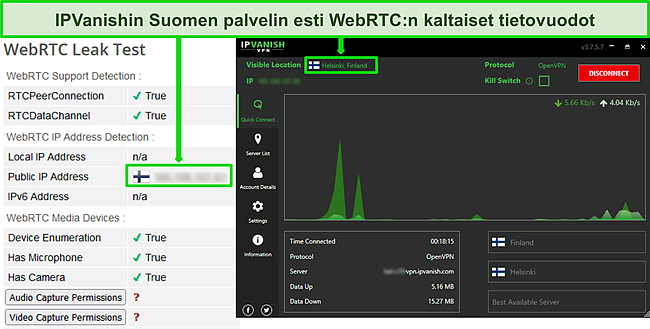 Kuvakaappaus IPVanishista, joka on yhdistetty palvelimeen Suomessa, kun WebRTC-vuototestin tulokset n&auml;kyv&auml;t.