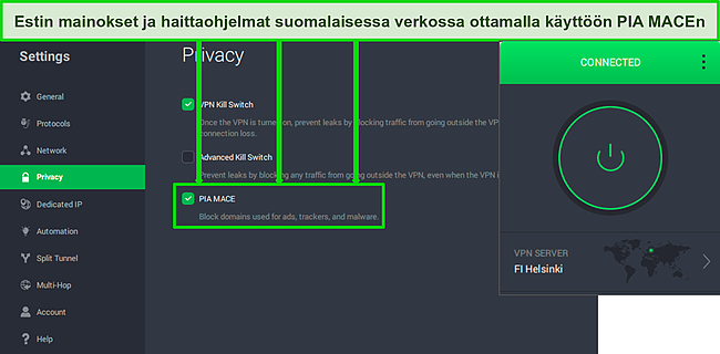 Kuvakaappaus PIA Macesta aktivoituneena asetusvalikossa PIA:n ollessa yhteydess&auml; palvelimeen Suomessa.