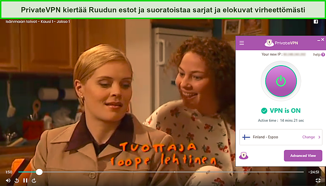 Kuvakaappaus Is&auml;nmaan toivot -suoratoiston jaksosta PrivateVPN:n ollessa yhteydess&auml; palvelimeen Suomessa.