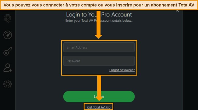 L'image montre la page d'accueil de TotalAV avec des informations sur l'utilisation, la connexion, les d&eacute;tails d'abonnement et la souscription