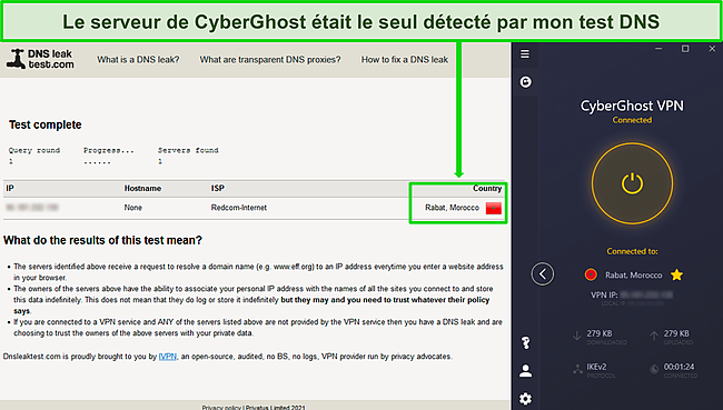 Capture d'&eacute;cran d'un test DNS d&eacute;tectant une adresse IP au Maroc alors que CyberGhost s'y connecte &agrave; son serveur.