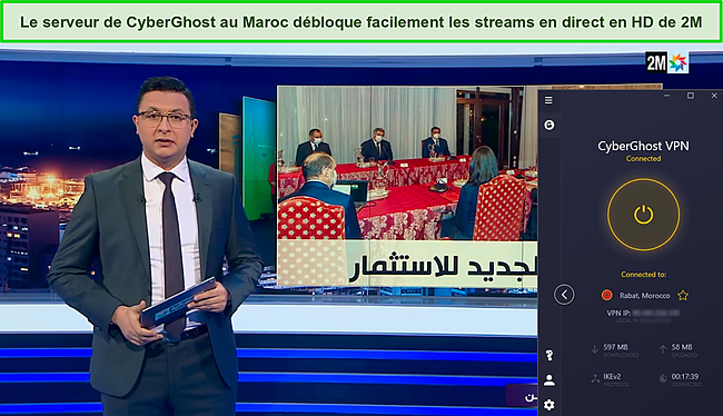 Capture d'&eacute;cran d'une &eacute;mission en direct de 2M alors que Cyberghost est connect&eacute; &agrave; un serveur au Maroc.