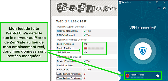 Capture d'&eacute;cran d'un test de fuite WebRTC r&eacute;ussi alors que ZenMate est connect&eacute; &agrave; un serveur au Maroc.
