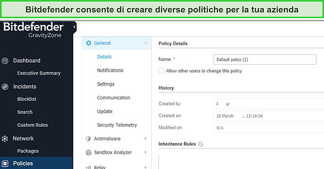 Screenshot dell'interfaccia di Bitdefender GravityZone.