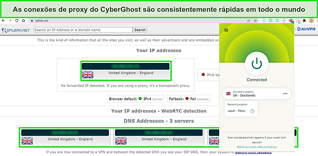 Captura de tela da extens&atilde;o do Chrome da ExpressVPN conectada a um servidor do Reino Unido, com um teste IPLeak.net mostrando zero vazamentos de dados.