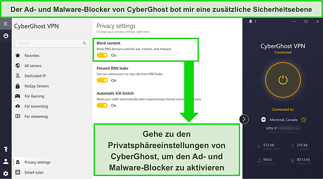 Screenshot der Benutzeroberfl&auml;che von CyberGhost mit aktiviertem Werbe- und Malware-Blocker.