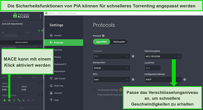 Screenshot der PIA-Oberfl&auml;che mit anpassbaren Sicherheitseinstellungen und aktivierter MACE-Funktion.